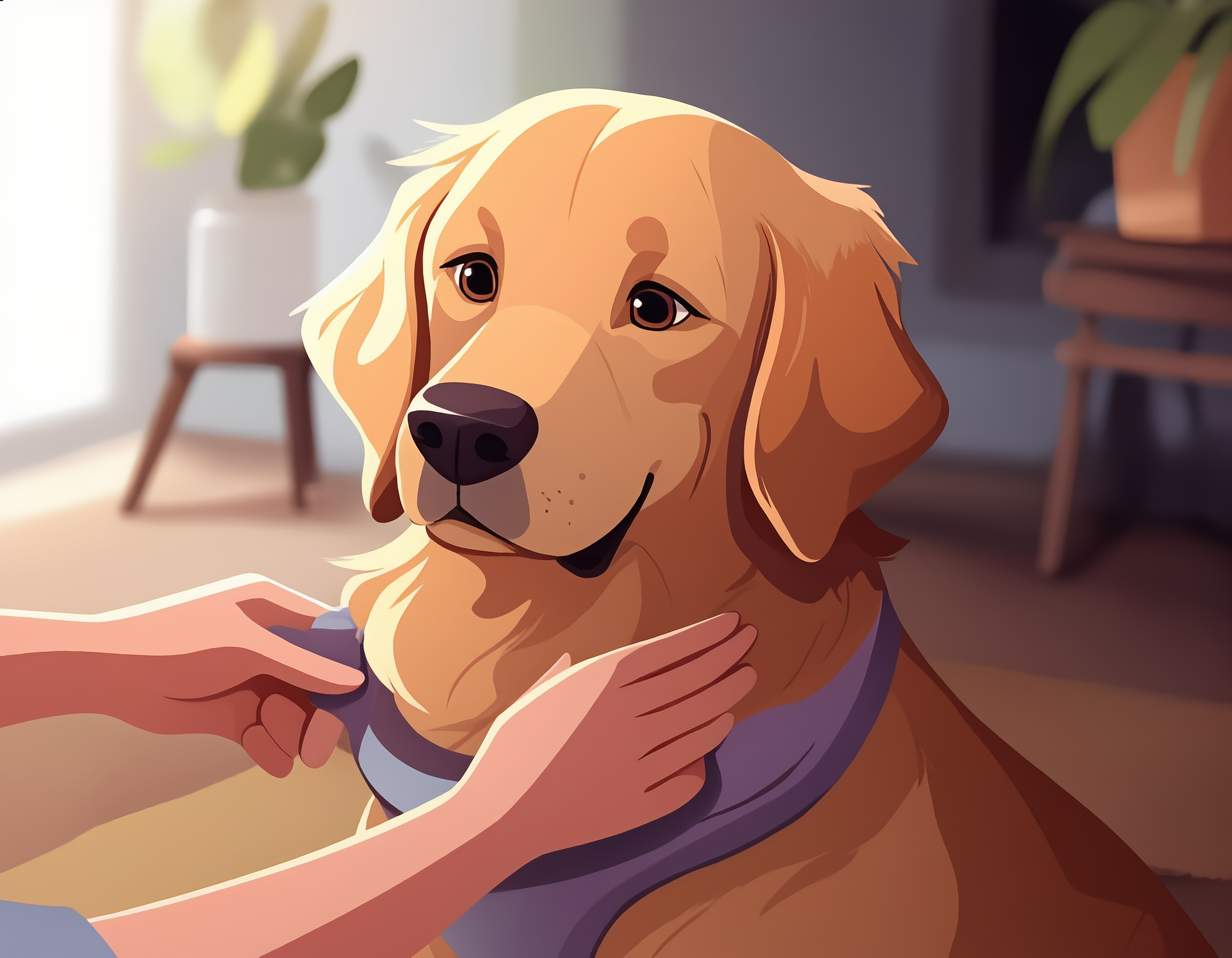 골든 리트리버가 부드러운 라벤더색 하네스를 착용한 채 거실 카펫 위에 앉아 있으며, 보호자의 손이 하네스 아래 두 손가락 여유 공간을 확인하면서 동시에 강아지의 가슴 털을 부드럽게 쓰다듬는 클로즈업. 창문으로 들어오는 아침 햇살이 반려동물의 윤기 나는 털과 하네스의 반사광을 강조하며, 배경에는 흐릿한 식물과 목재 장식장이 보입니다. 따뜻한 파스텔 톤과 부드러운 그림자 처리로 반려동물과의 신뢰 관계를 시각화한 일러스트레이션 스타일.
