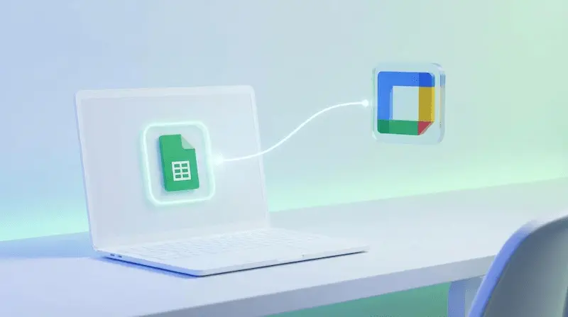구글 시트 아이콘과 구글 캘린더 아이콘이 홀로그램으로 연결된 3D 업무 자동화 이미지