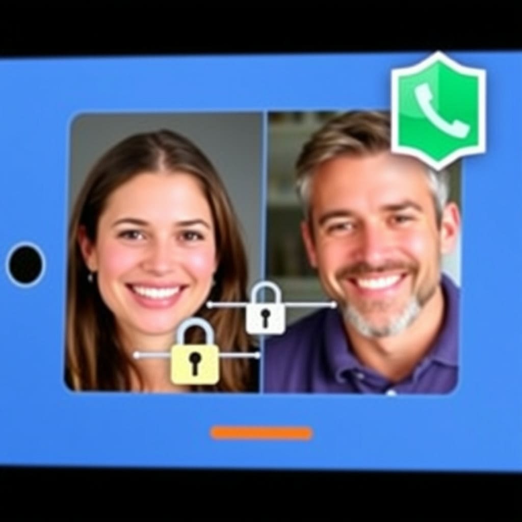 두 사람이 메신저로 통화하는 모습과 함께, 통화 연결선에 자물쇠 아이콘이 표시되어 있는 이미지를 그립니다. 통화 화면 구석에 작은 방패 아이콘을 추가하여 보안성을 강조합니다.