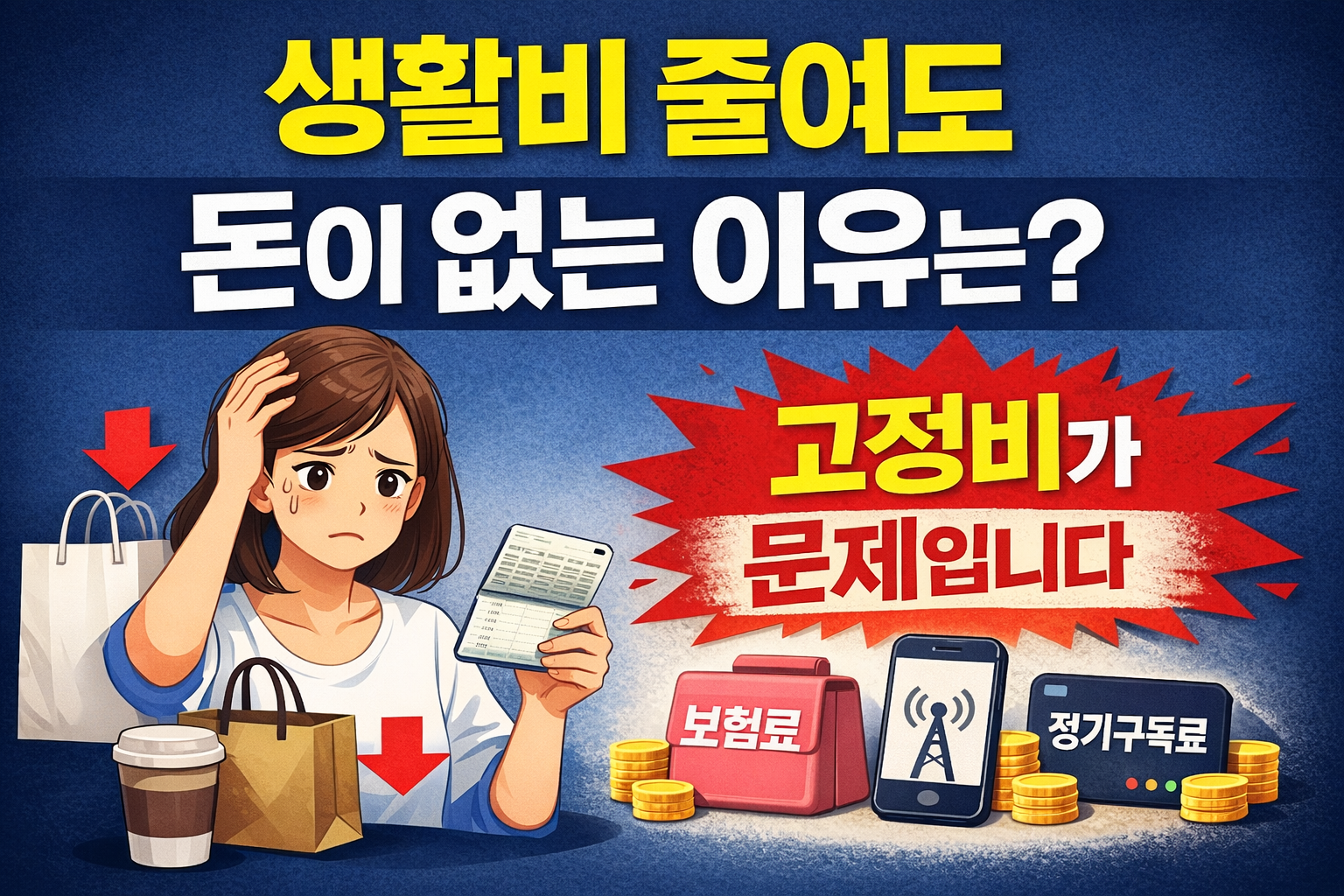 생활비를 줄여도 돈이 없는 이유는 고정비 때문이며 보험료와 구독료가 문제라는 내용을 설명하는 이미지