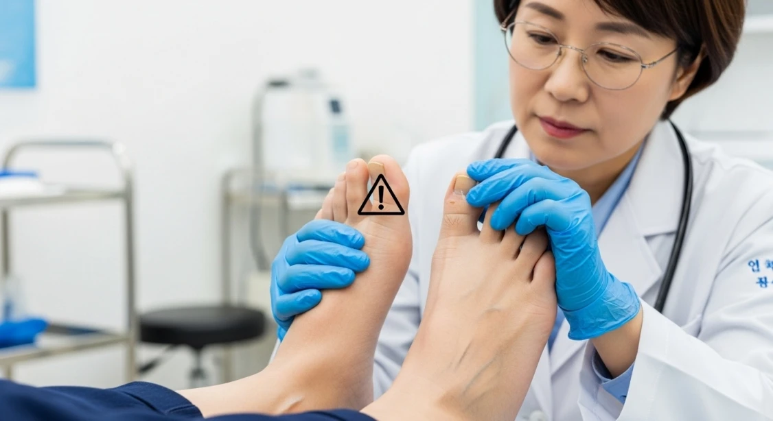 당뇨환자 발 검진 모습, 맨발걷기 주의사항