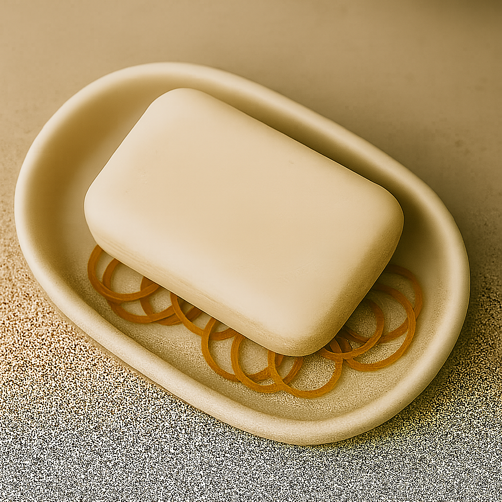 비누 받침대 안쪽에 여러 개의 노란 고무줄이 흩어져 있고, 그 위에 비누가 놓인 모습