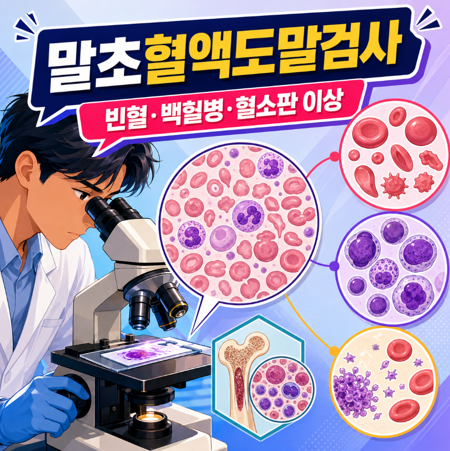 말초혈액도말검사에서 현미경으로 혈구 형태를 확인하며 빈혈과 백혈구·혈소판 이상을 살펴보는 의료 인포그래픽