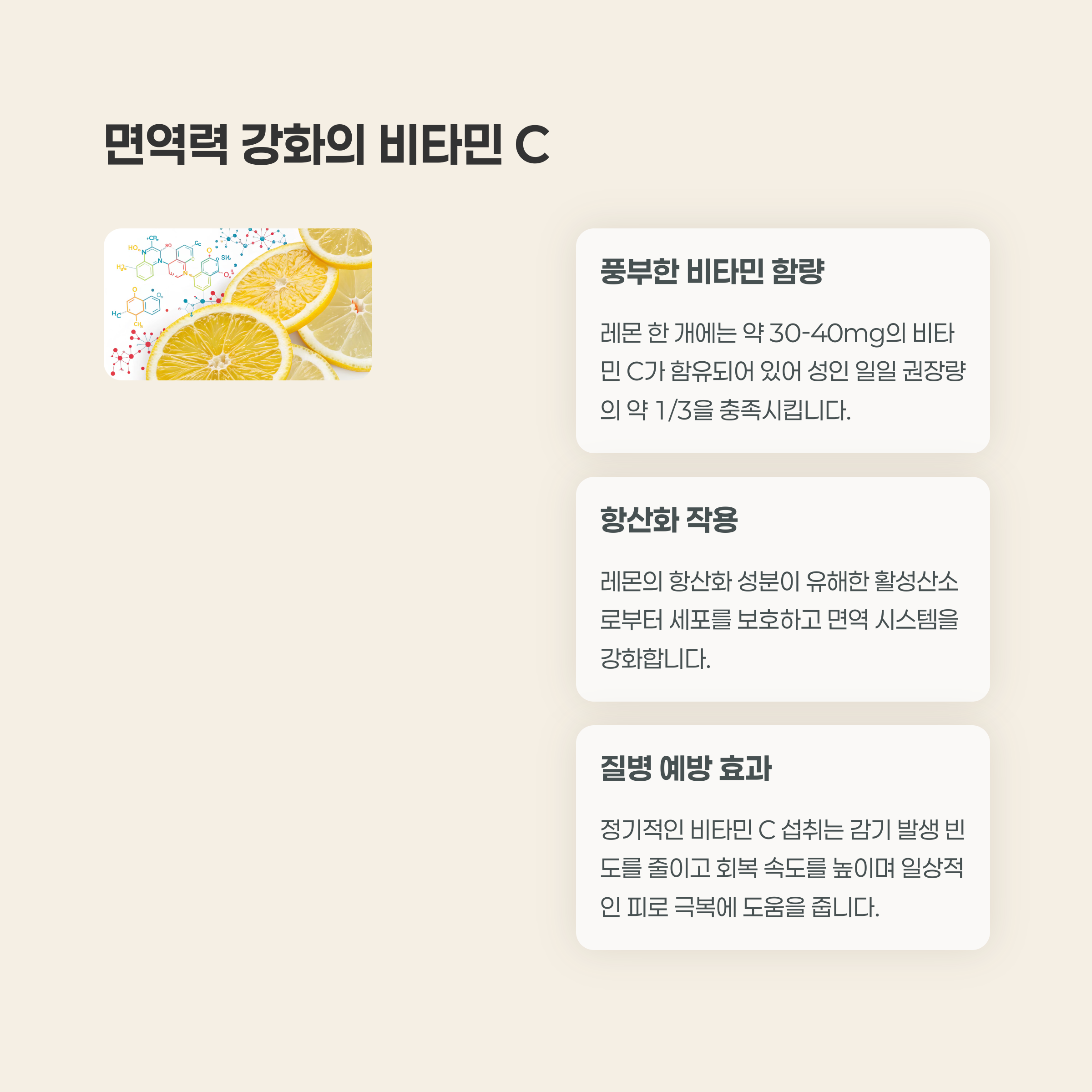 비타민 C의 면역력 강화 효과 설명 이미지: 풍부한 비타민 C, 항산화 작용, 질병 예방 효과 안내 포함
