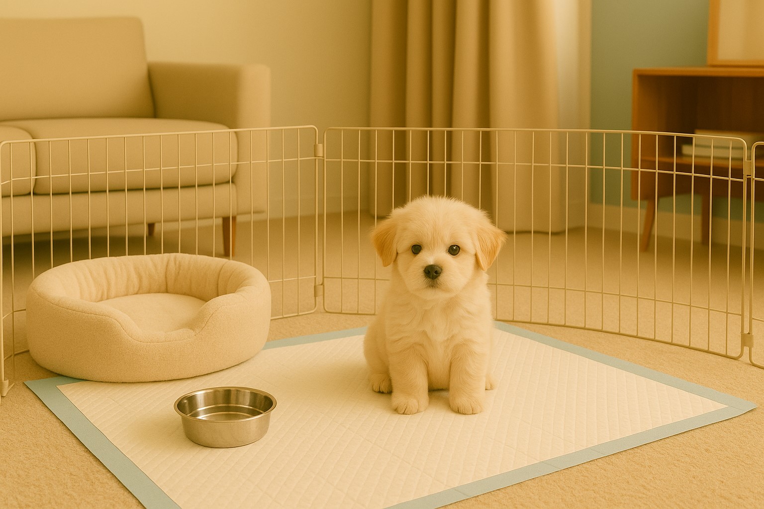 울타리 안에 침대와 물그릇이 있고 바닥 70~80%는 배변 패드로 덮인 초기 세팅 이미지