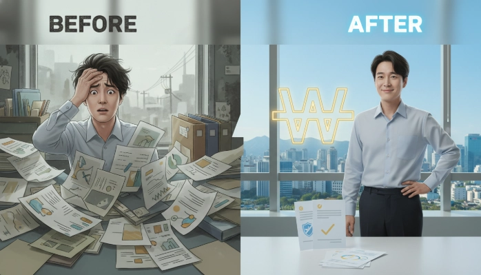 복잡한 긴급복지 서류 앞에서 혼란스러워하는 한국인과 핵심 서류만으로 간결하게 준비하여 안도하는 한국인을 대비한 이미지. 긴급복지 서류 간소화의 중요성을 강조합니다.