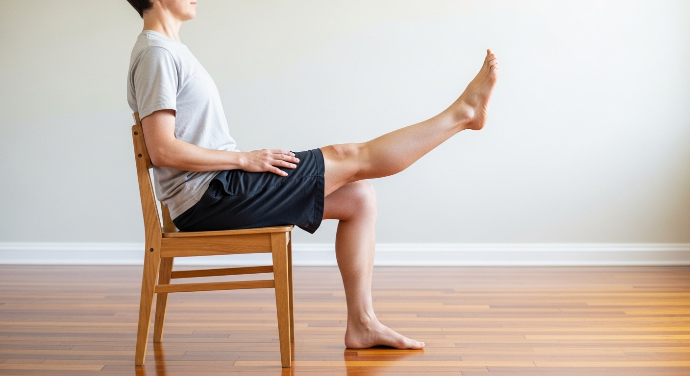 의자에 바르게 앉아 한쪽 다리를 직선으로 곧게 펴서 들어 올립니다.