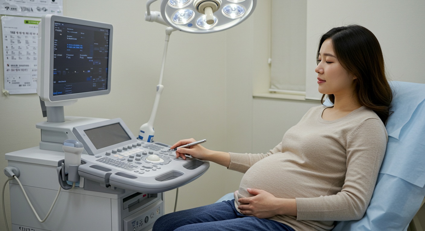 임산부가 초음파 영상을 보며 의사와 상담하는 모습