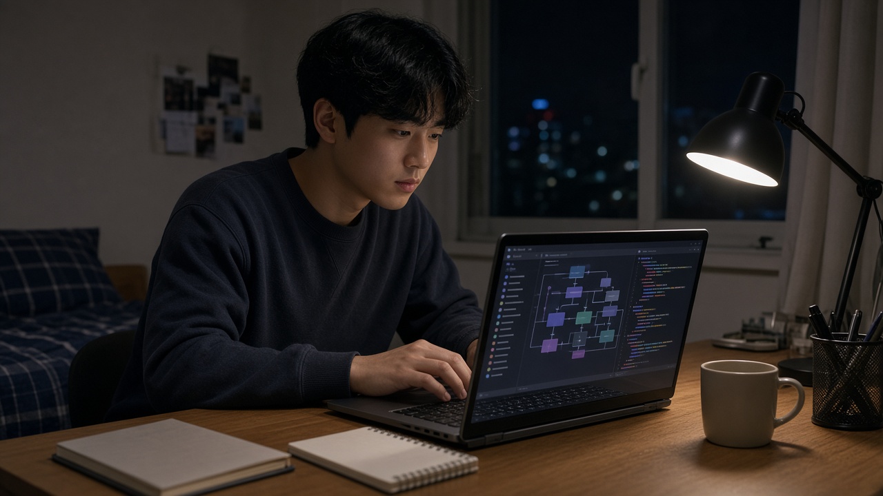 노트북으로 SQL 문제를 풀며 공부하는 20대 한국인 대학생