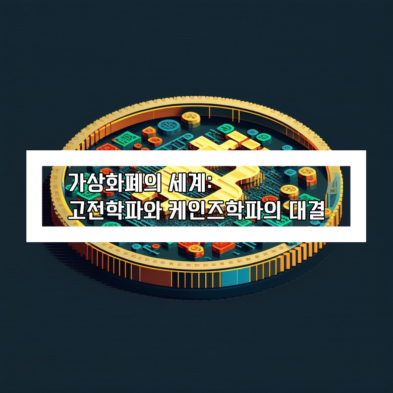 가상화폐를 표현한 픽셀 아트와 "가상화폐의 세계: 고전학파와 케인즈학파의 대결" 블로그 타이틀