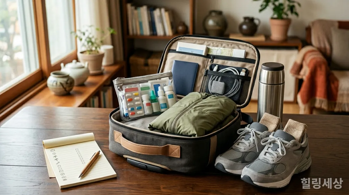 50대 부모님 여행을 위한 약, 신발, 옷 등이 담긴 준비물 체크리스트