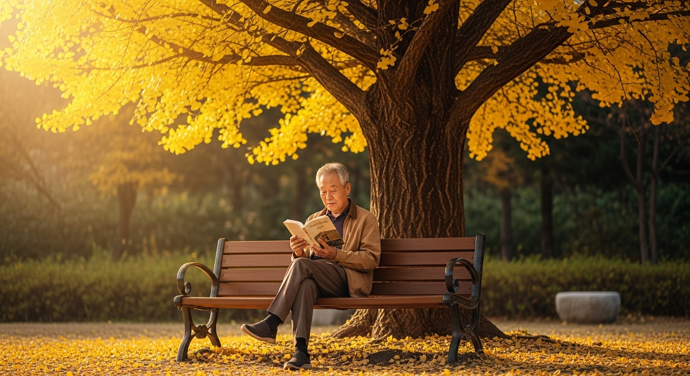 가을 은행나무 아래 벤치에 앉아 책을 읽는 시니어