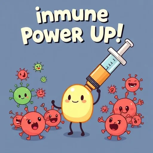 의인화된 귀여운 캐릭터(예: 작은 구슬 형태)가 주사기를 통해 몸 안으로 들어간 후, 몸속에서 빛을 발하며 다른 귀여운 바이러스 캐릭터들을 물리치는 듯한 애니메이션 풍의 이미지입니다. 주변에는 '면역력 UP!'이라는 문구가 함께 있습니다.