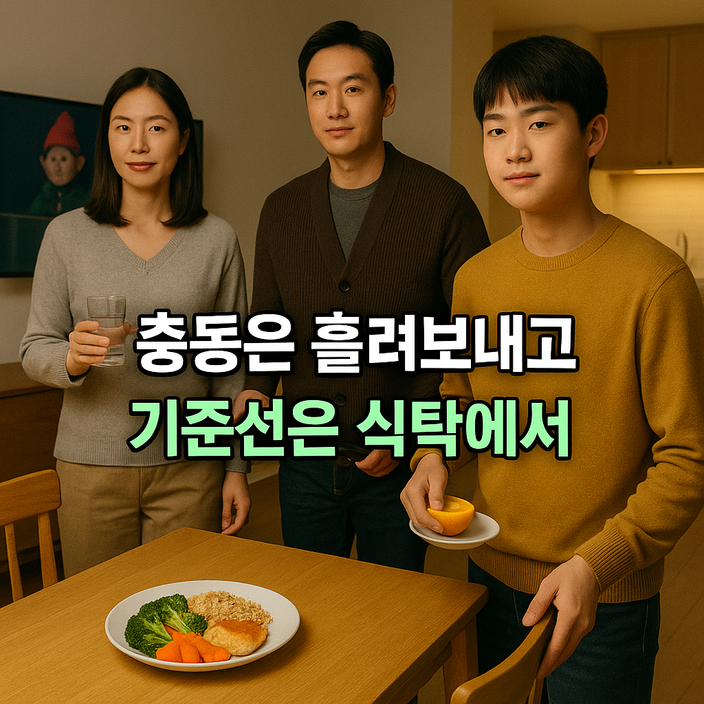 건강을 위해 식탁 음식을 신경쓰는 가족