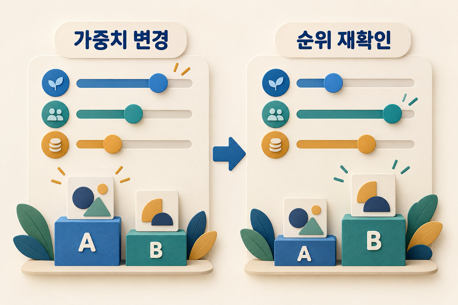 평가 가중치를 조정한 뒤 가상 후보 A와 B의 순위가 달라지는 그림