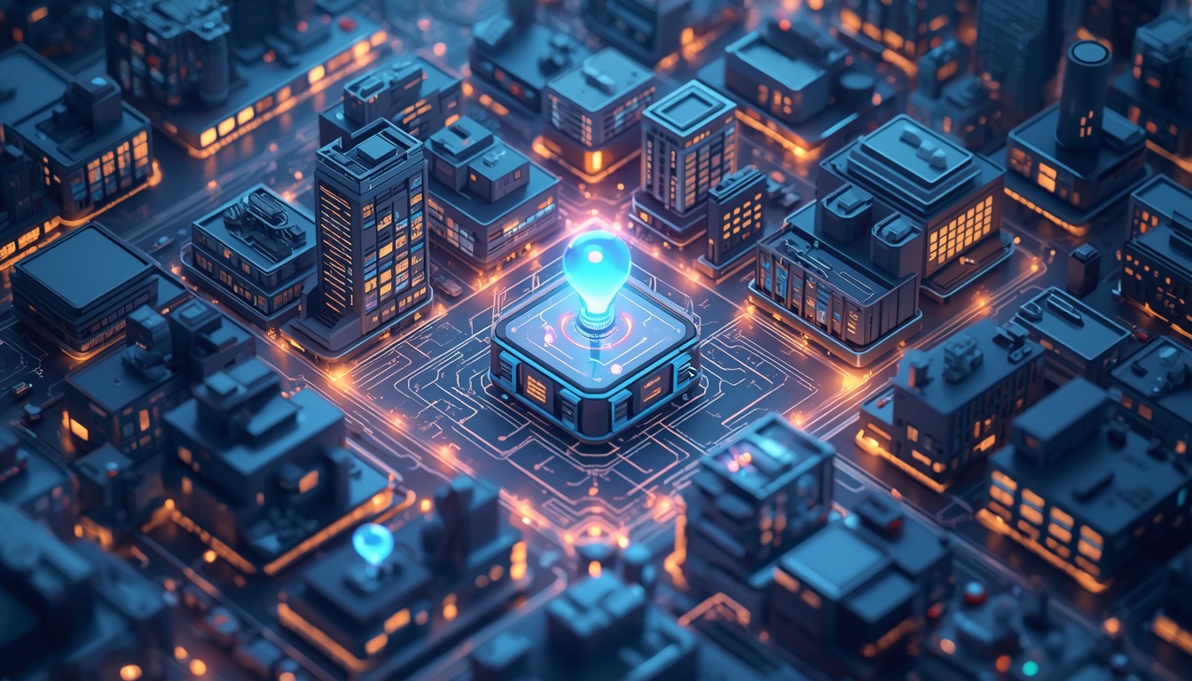 Isometric view showing AI agents connecting finance, healthcare, and logistics sectors.