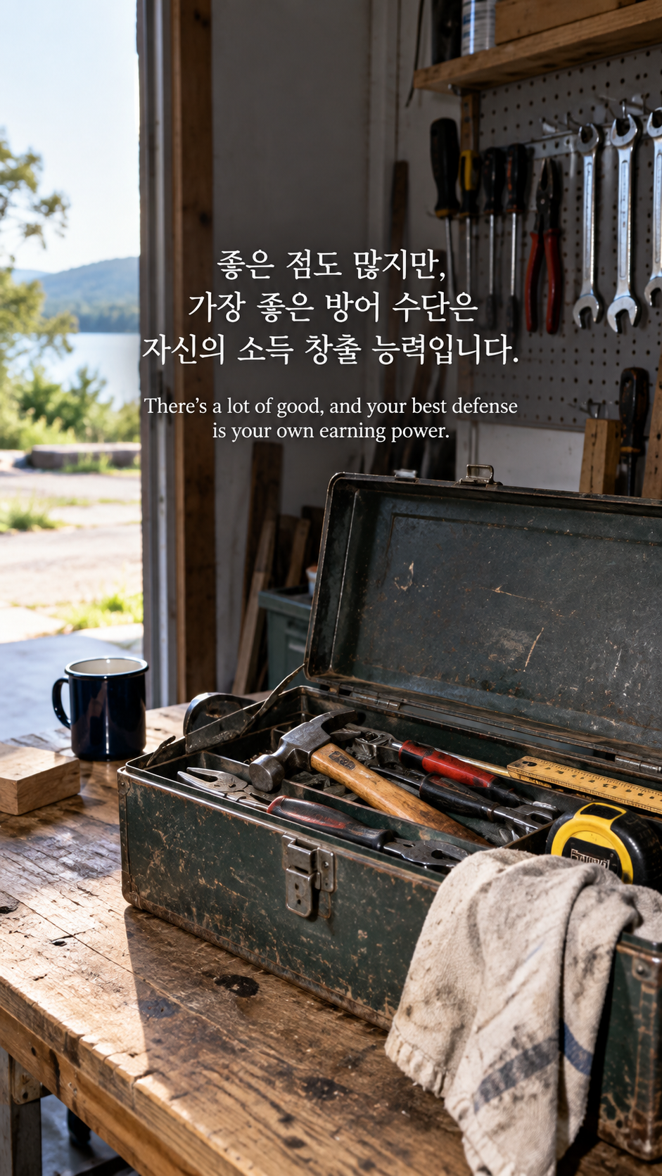 일을 마친 뒤 남겨진 장인의 도구 상자에 가장 좋은 방어 수단에 관한 워렌 버핏 명언이 적힌 이미지