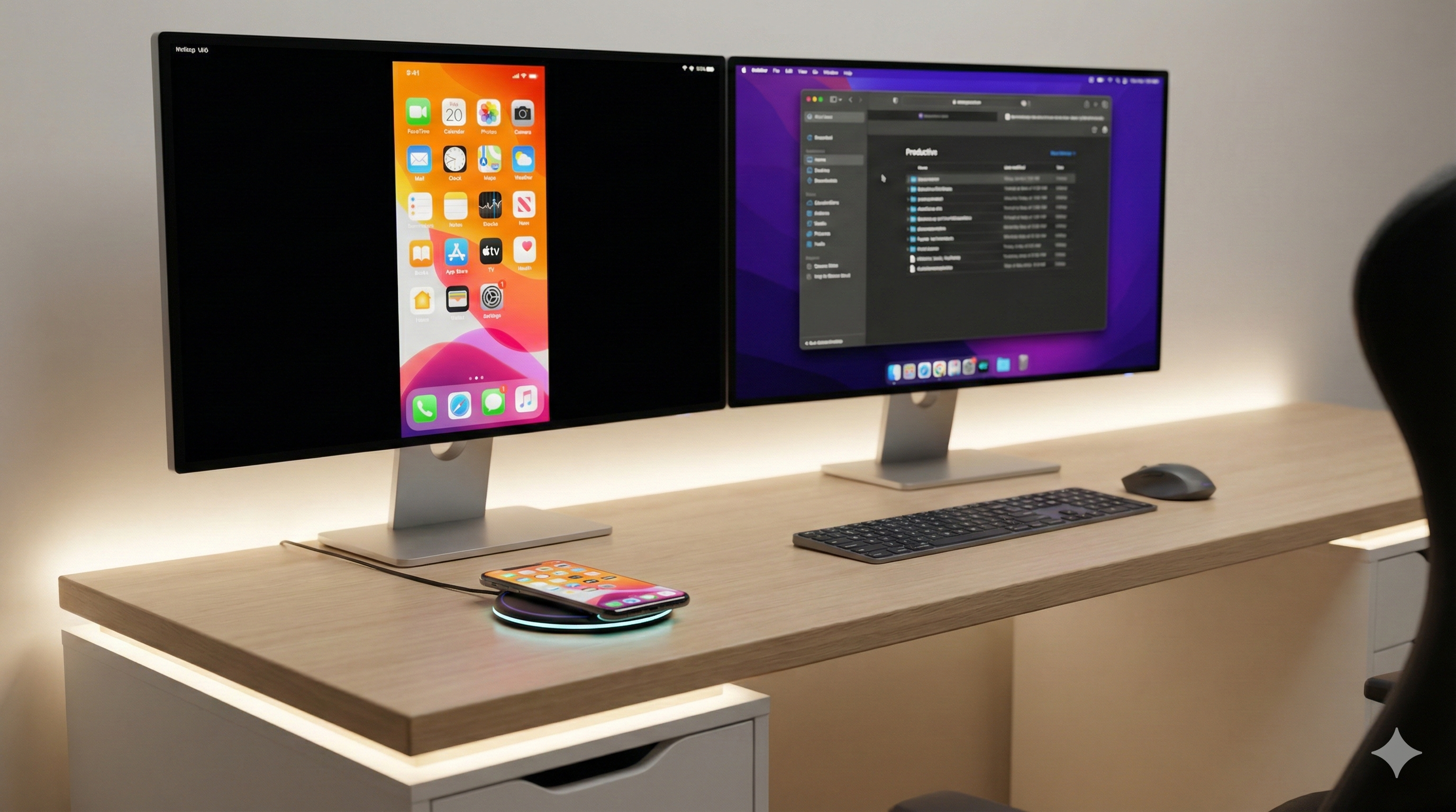 윈도우 PC 모니터 화면에 스마트폰 인터페이스가 지연 없이 무선으로 미러링되어 있는 모습