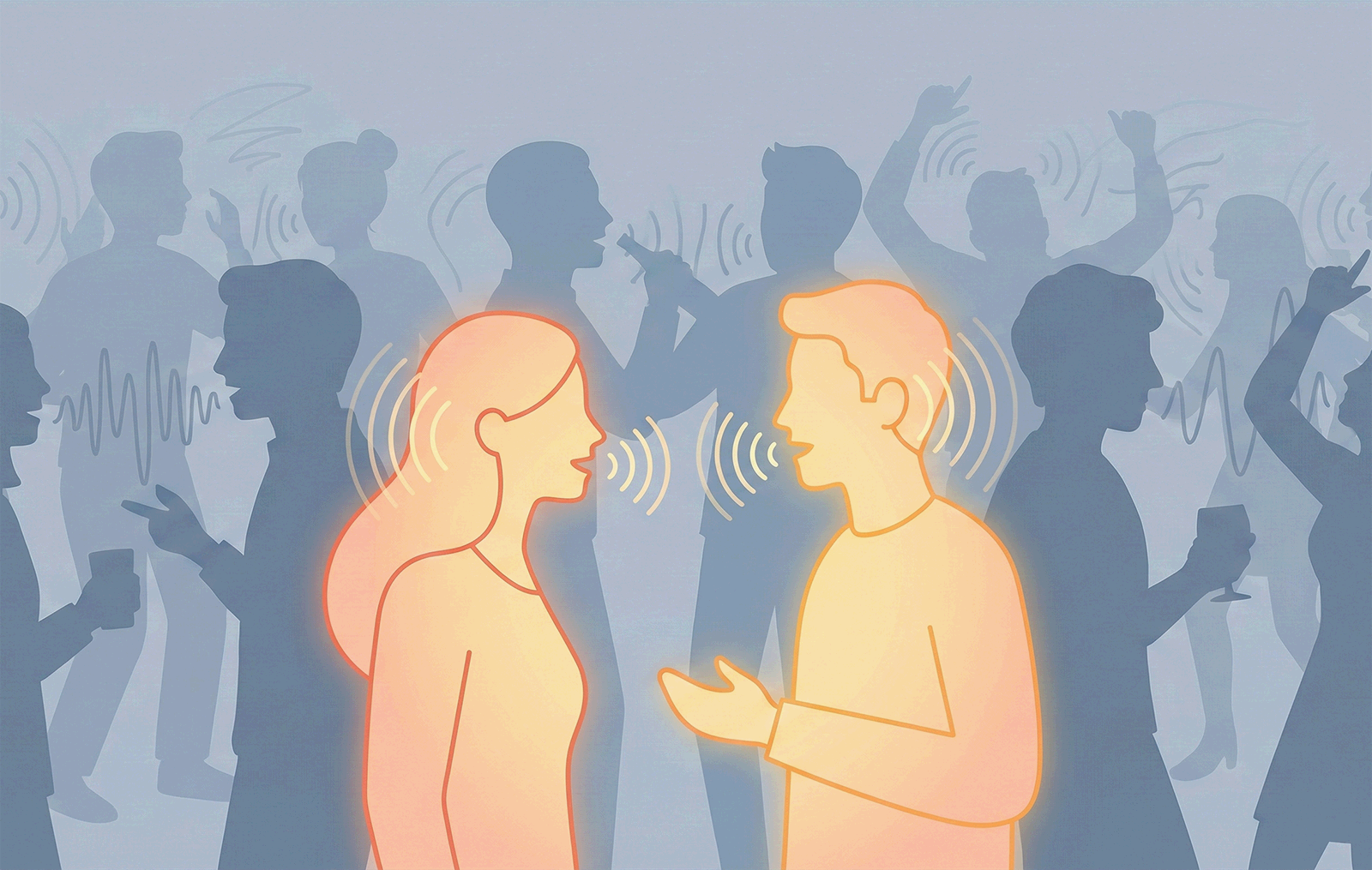 칵테일파티 효과의 과학 (소음, 청각, 필터링) 일러스트레이션