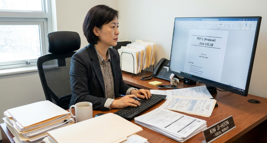 산더미처럼 쌓인 서류와 컴퓨터 모니터 앞에서 집중하며 행정 업무를 처리