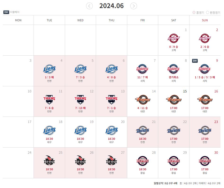 SSG랜더스 6월 경기일정