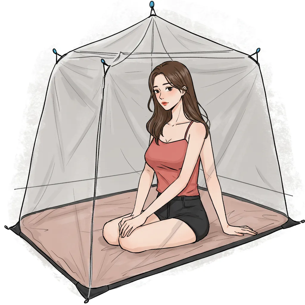 현관 모기장 안에 있는 여인