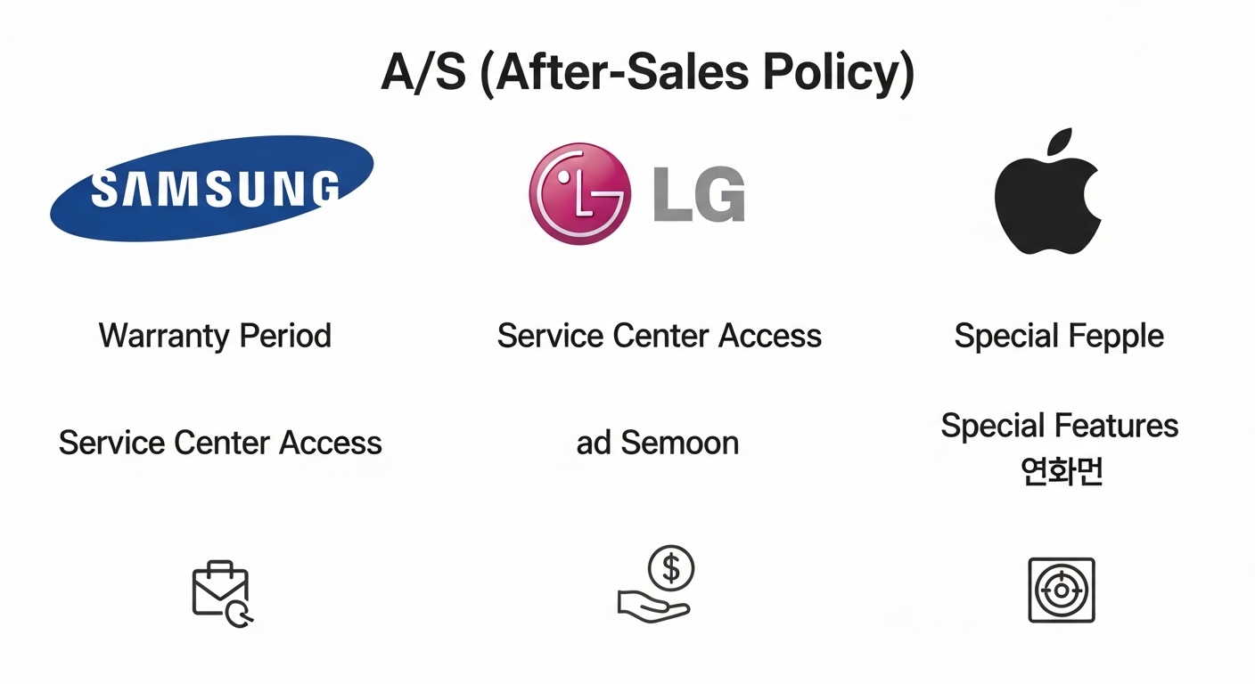 삼성, LG, 애플의 로고와 함께 각 브랜드의 보증기간, 서비스센터 접근성 등 AS 정책 핵심 내용을 비교하는 인포그래픽