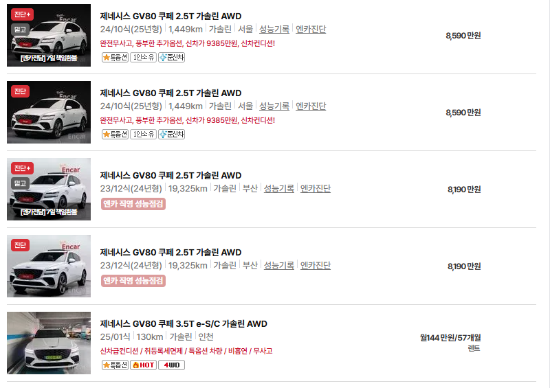 제네시스 GV80 중고차 가격 시세표 유지비