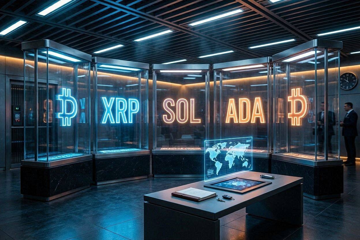 최첨단 기술과 현대적인 감각이 돋보이는 금융 금고실입니다. XRP, SOL, ADA와 같은 암호화폐 심볼을 보여주는 미래지향적인 유리 디스플레이와 영화 같은 조명을 표현