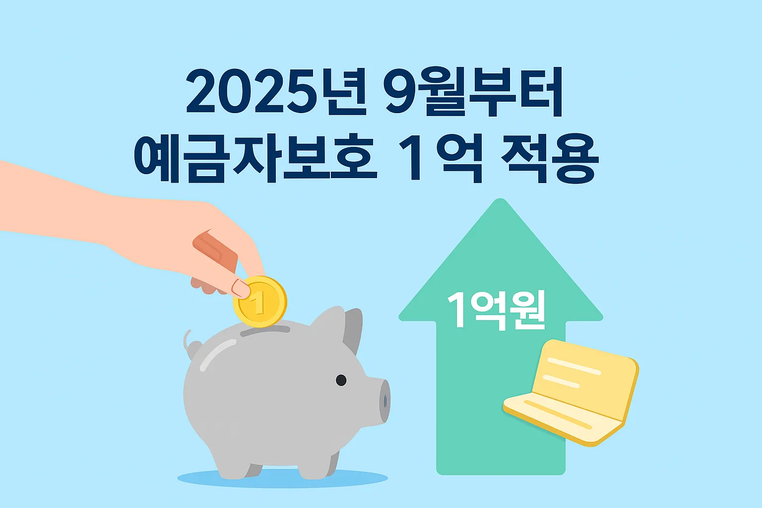 2025년 9월부터 예금자보호 1억 원 상향을 설명하는 삽화. 저금통에 동전을 넣는 손과 1억 원 상승을 나타내는 초록색 화살표가 표현됨