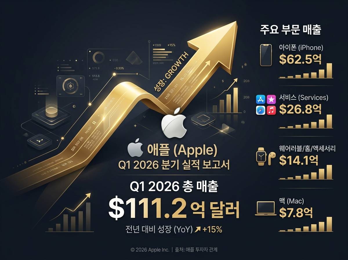 세련된 다크 모드 배경에 애플의 로고와 2026년 1분기 매출 111.2B 달러가 강조된 인포그래픽