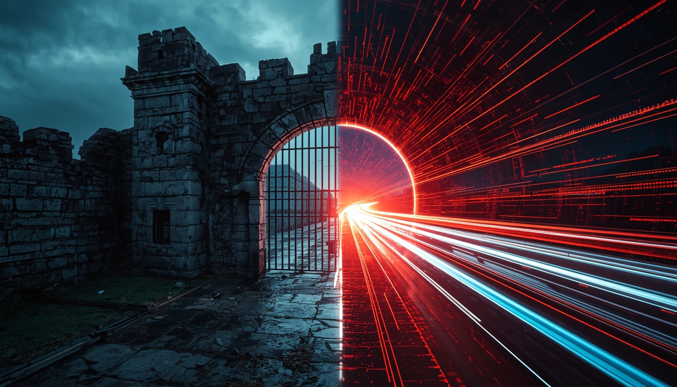 A split-screen showing a traditional stone fortress wall versus a futuristic glowing digital highway.