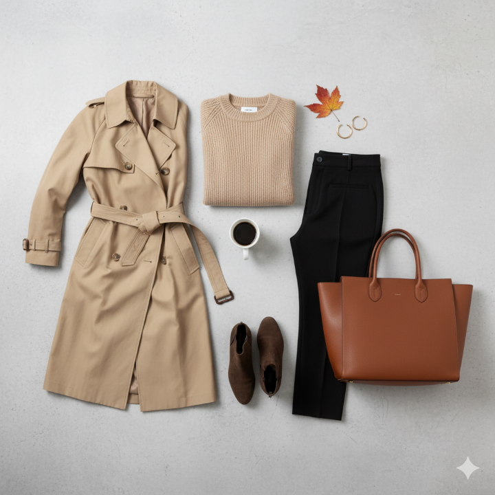 베이지색 트렌치코트와 오트밀색 캐시미어 니트, 그리고 검정 슬랙스가 조화롭게 배치된 플랫레이 사진