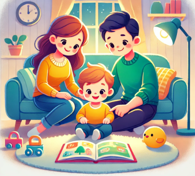 부모와 아이가 집에서 그림책을 보고 있는 모습