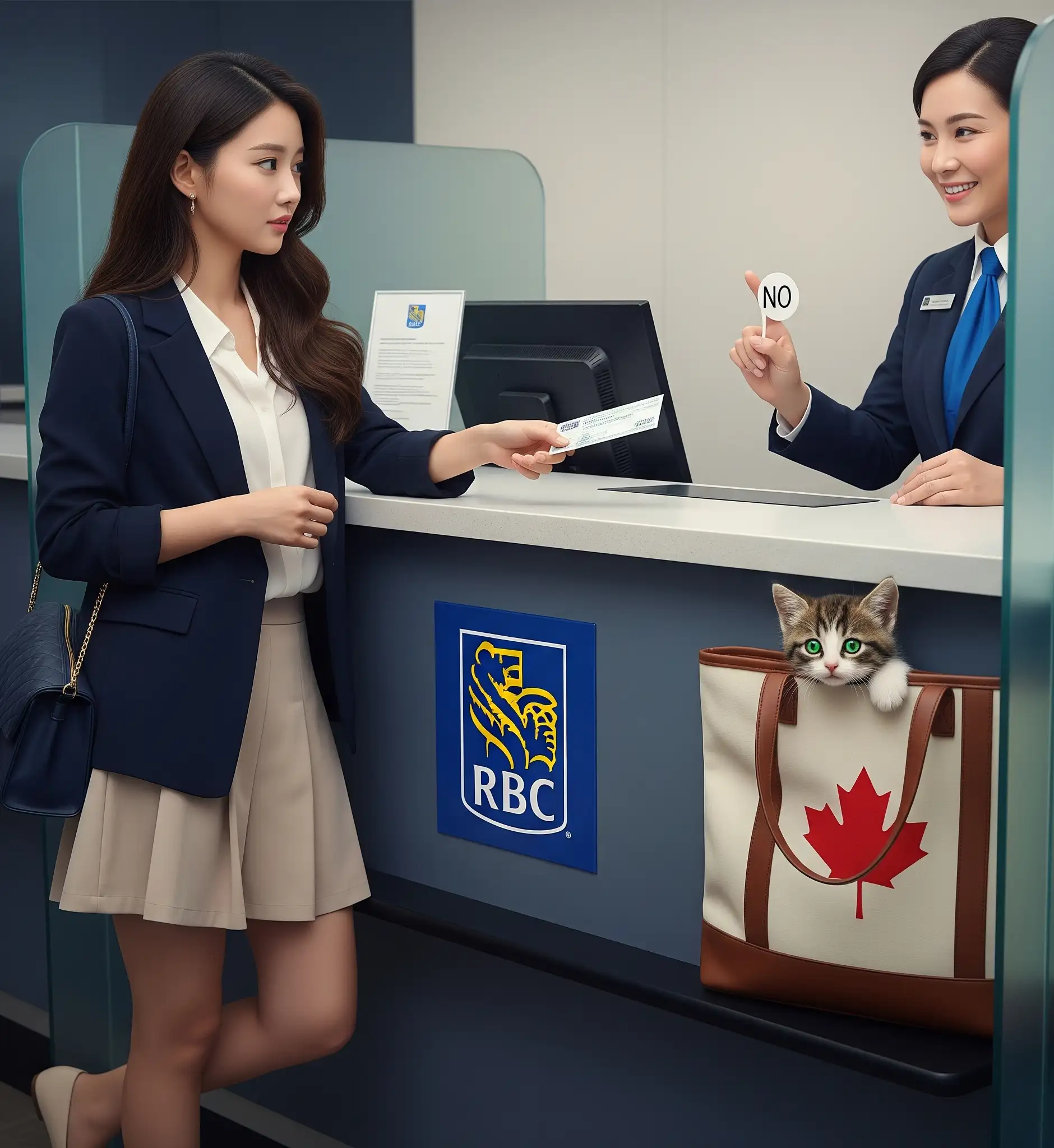 캐나다 은행 창구에서 여행자수표를 보여주자 은행원이 안된다는 손짓을 하며 거절하여 실망하는 한국인 여성