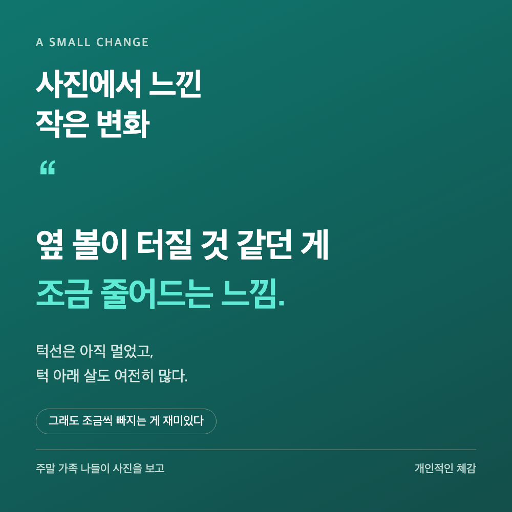 위고비 체중감량으로 옆 볼살이 살짝 줄어든 눈바디 변화를 담은 비교 이미지, 96.7kg 시점 얼굴 사진