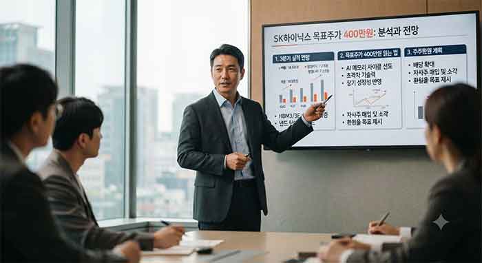 회의실에서 발표자가 SK하이닉스 분석 자료를 설명하는 모습.