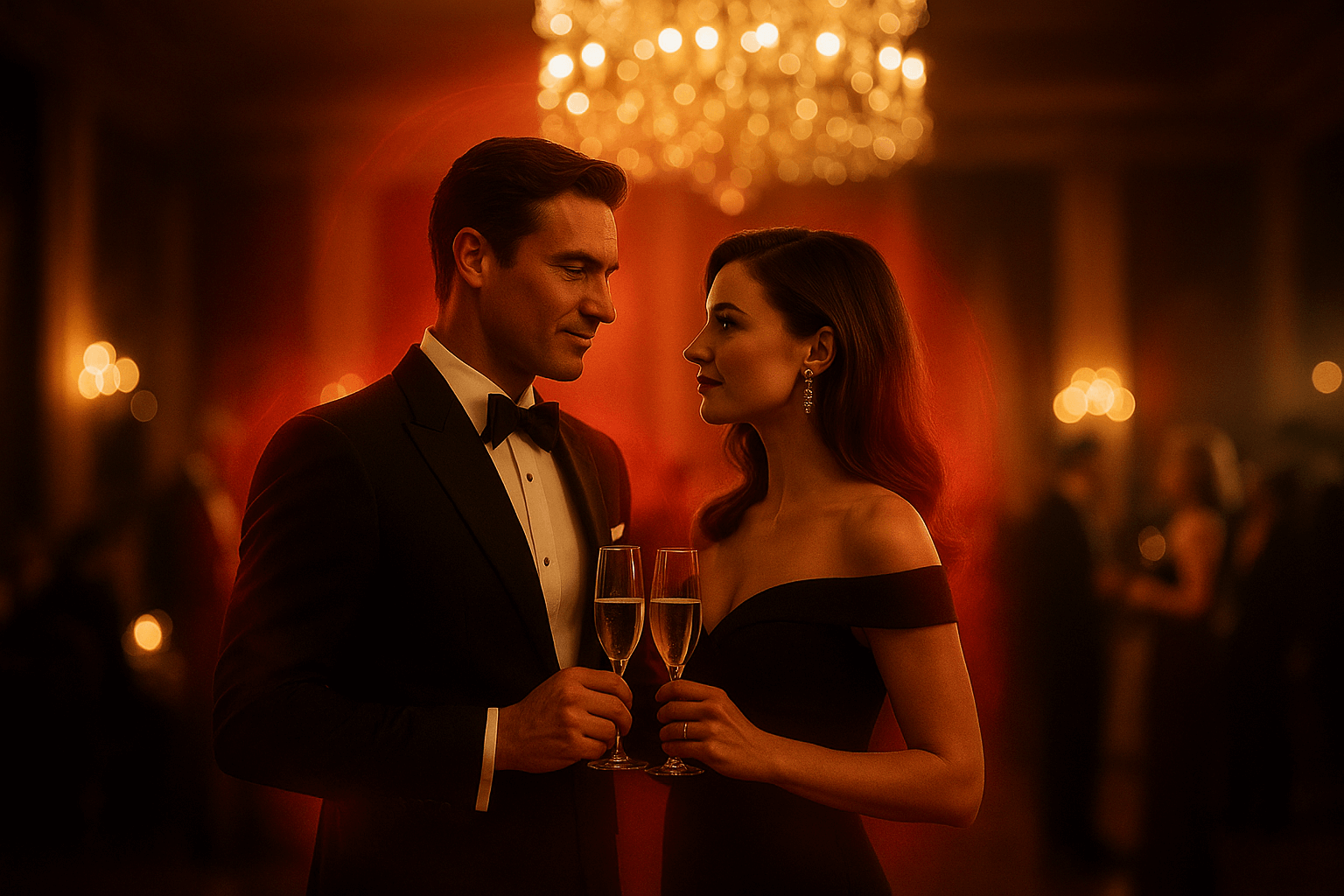 샹들리에 아래에서 샴페인 잔을 맞댄 블랙타이 커플, 이들을 감싸는 붉은 투명 오라와 시네마틱 보케