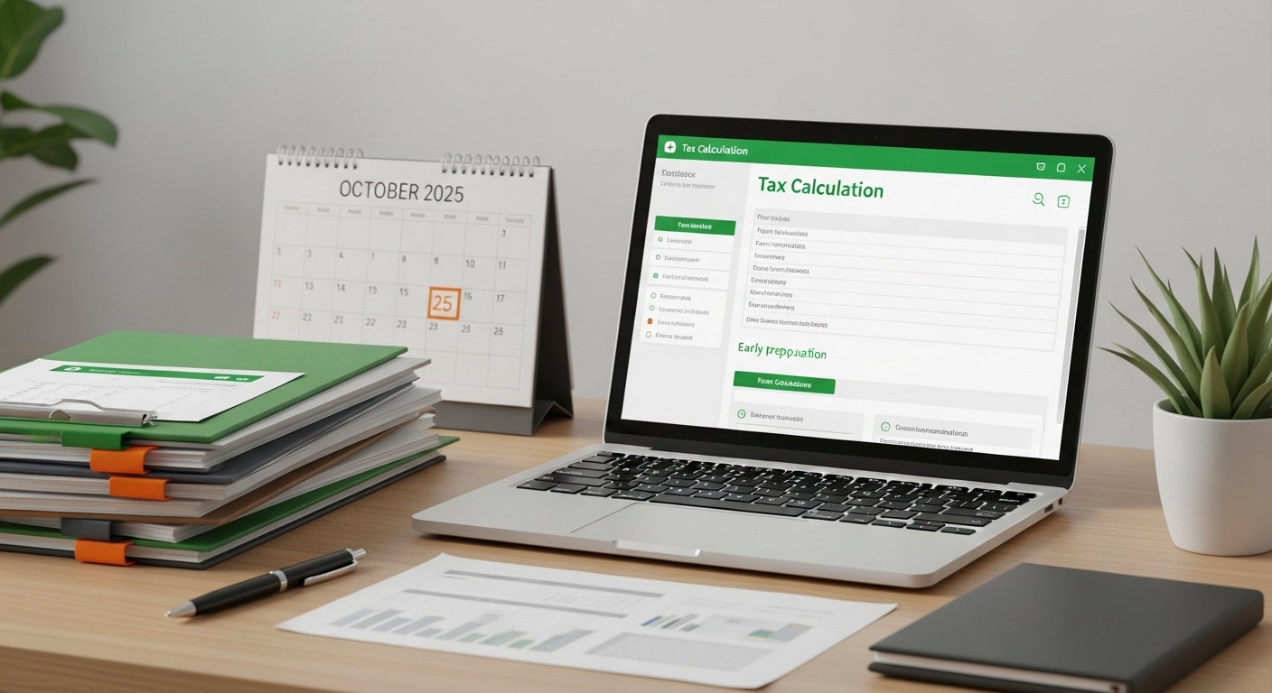 노트북으로 연말정산 자료를 확인하고 서류를 정리하는 깔끔한 책상, 2025년 10월이 표시된 달력이 보이며 꼼꼼한 준비를 강조.