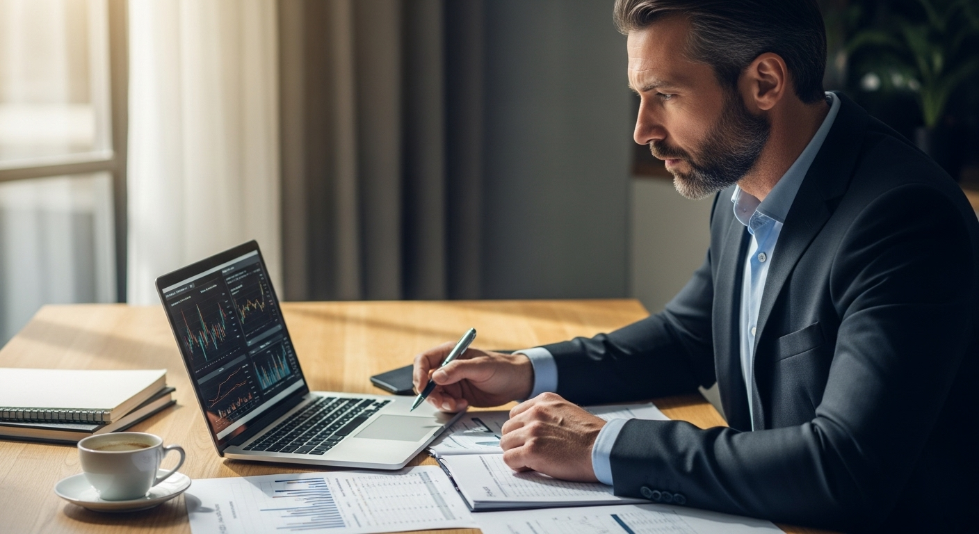 경기침체기에 방어적 투자 전략을 검토하는 투자자의 모습