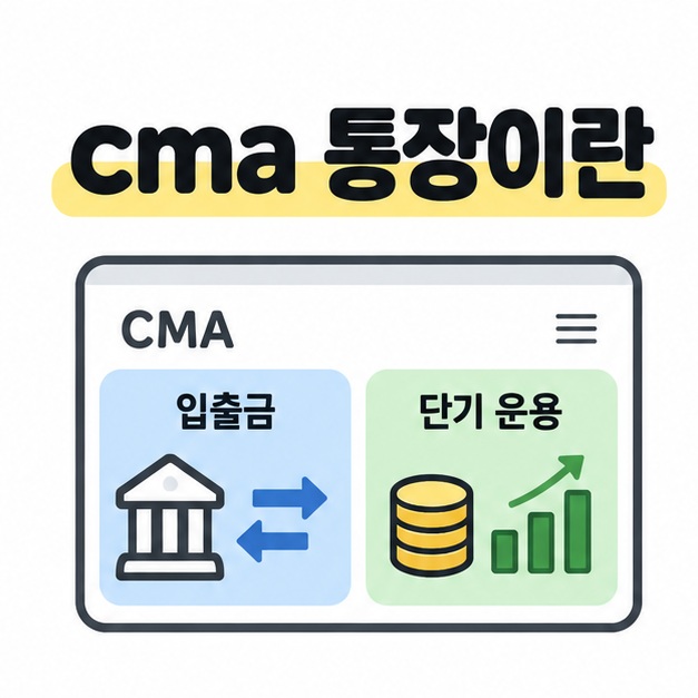cma 통장이란 제목 아래 입출금과 단기 운용 영역을 나란히 보여 주는 설명용 CMA 계좌 화면