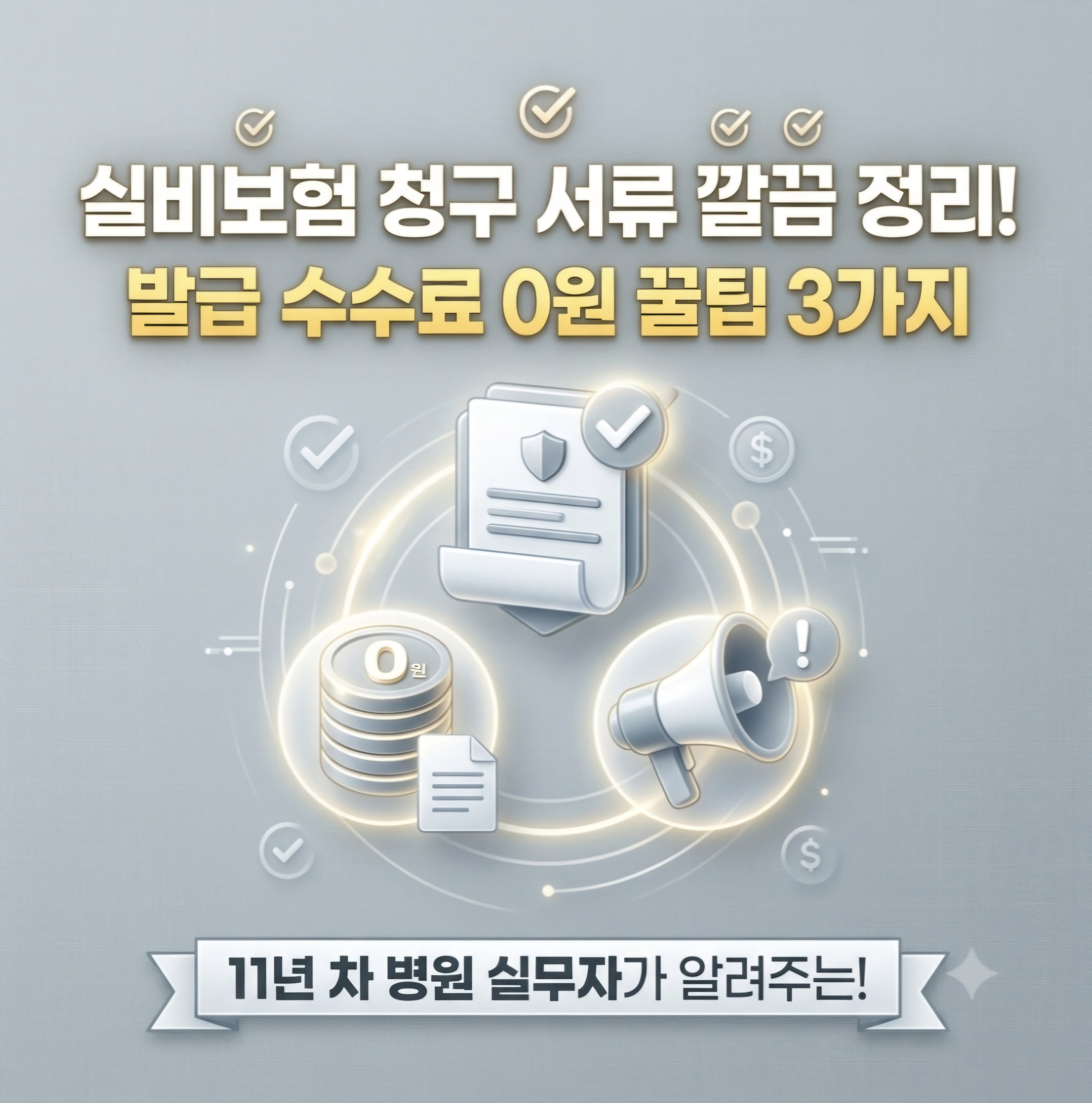 "11년차 병원 실무자"가 알려주는 실비보험 청구 서류 깔끔 정리 꿀팁 이미지. 밝은 그레이 톤 배경의 프레임 안에 실비보험 청구 관련 아이콘이 배치되어 있다. 상단에는 체크 표시가 된 진단서 서류, 중앙에는 '0원'이 표시된 동전 뭉치와 영수증, 하단에는 확성기 아이콘이 위치하여 유용한 꿀팁 정보를 전달함을 강조한다. 이미지 상단에는 "실비보험 청구 서류 깔끔 정리! 발급 수수료 0원 꿀팁 3가지"라는 문누가 있으며, 하단에는 11년차 병원 실무자가 알려주는!"이라는 리본 배너 문구가 기재되어 있다.