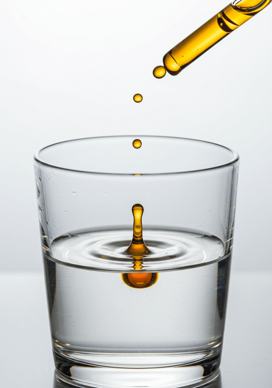 투명한 유리컵에 담긴 물에 프로폴리스 추출액이 드롭퍼에서 떨어지며 퍼지는 장면, 건강 기능식품 섭취 연출 컷