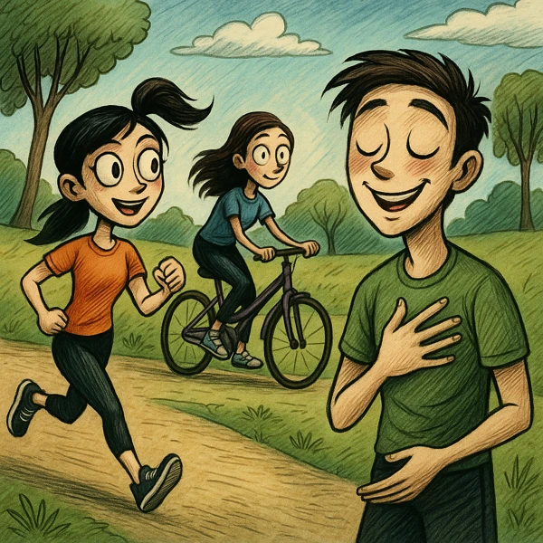 팀 버튼풍과 웹툰 스타일이 혼합된 일러스트, 공원에서 조깅하는 여성, 자전거를 타는 사람, 운동 후 상쾌한 표정을 짓는 남성이 함께 있는 활기찬 장면