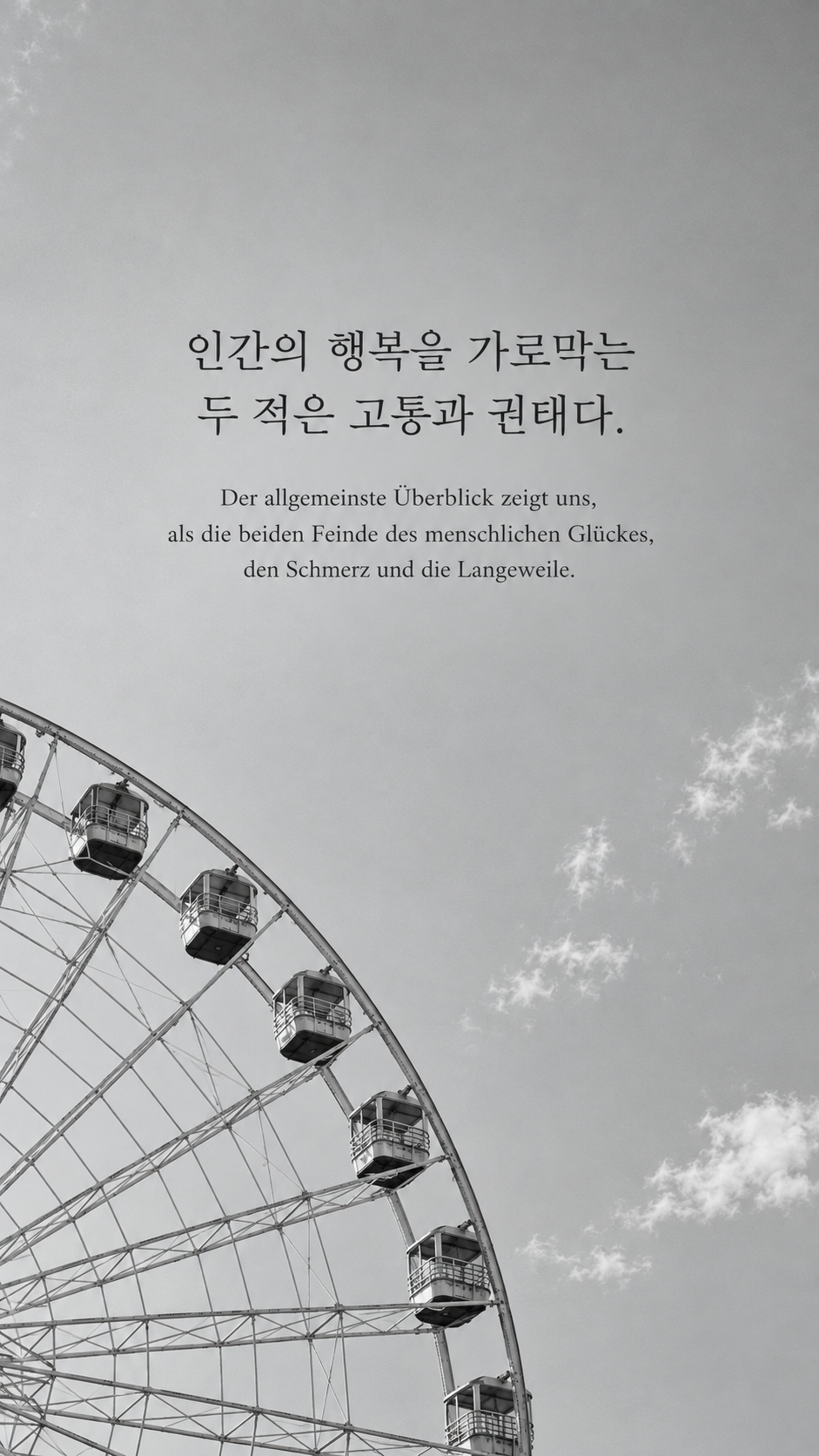 쇼펜하우어 명언 6 인간의 행복을 가로막는 두 적은 고통과 권태다. 멈춰 있는 놀이공원의 회전 관람차 배경의 한글&middot;독일어 이미지