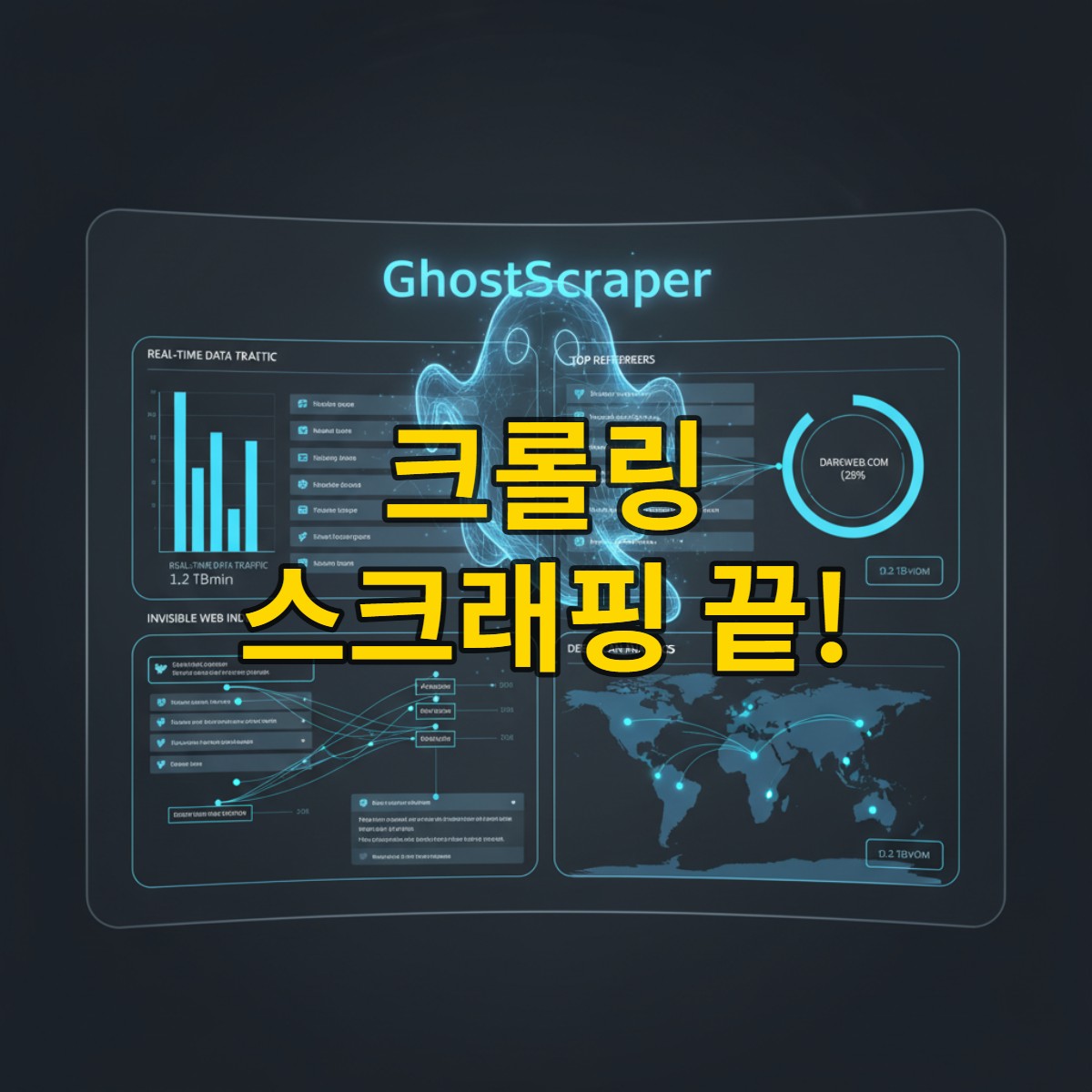 코딩 없이 웹 데이터 수집과 분석을 가능하게 하는 '고스트 스크레이퍼' 대시보드의 미래 지향적인 모습.