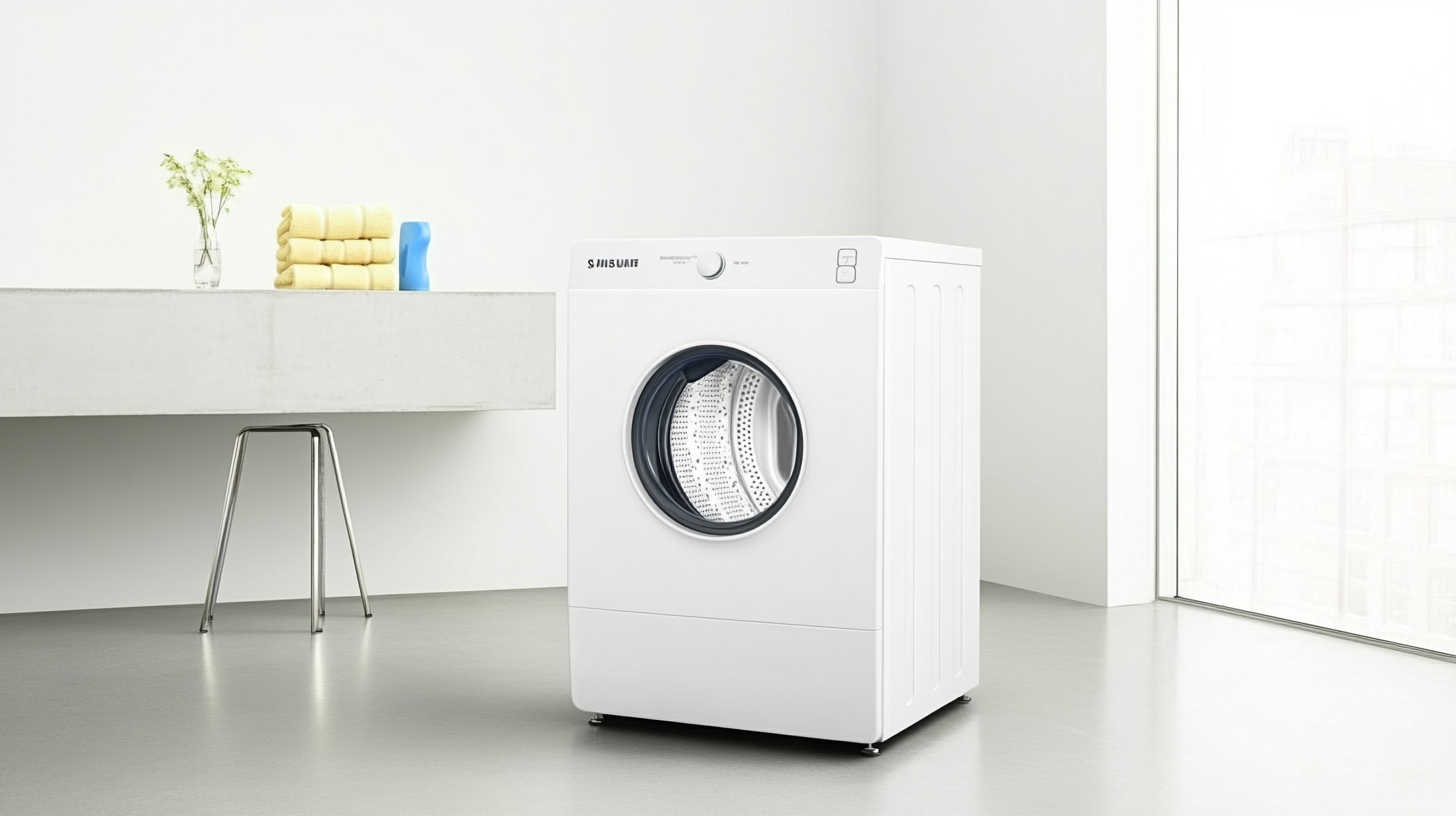 미니멀리즘 스타일의 세탁실에서 자연광을 받으며 빛나는 삼성 WF21T6500KW 세탁기의 세부 이미지. 현대적인 디자인과 세련된 공간 조성이 돋보입니다.