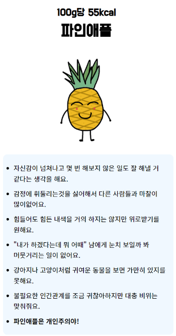 열대과일 MBTI 테스트 결과