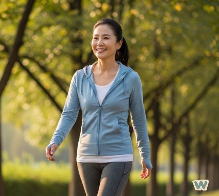 갱년기 우울감 극복을 위해 공원에서 걷기 운동하는 밝은 미소의 50대 여성 via canva