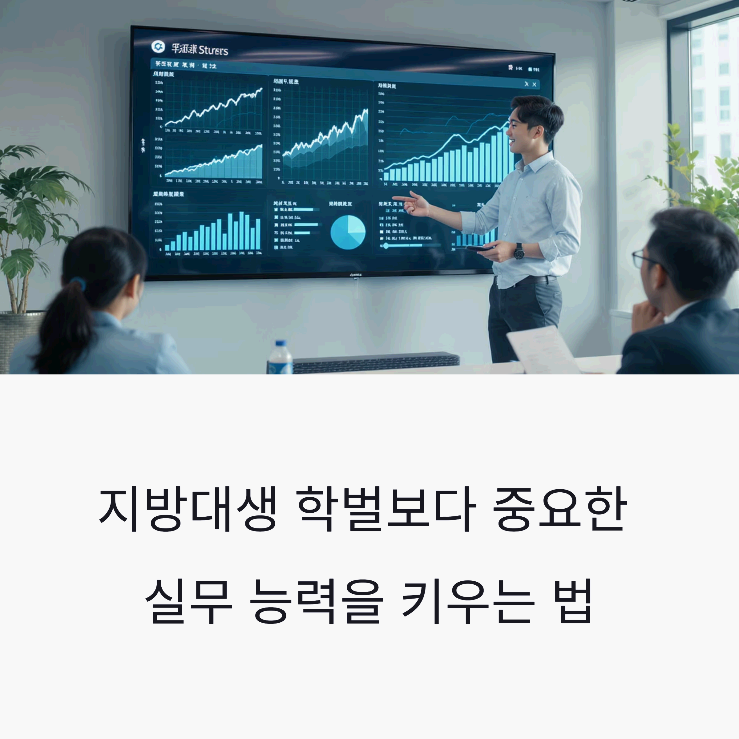 in modern business attire presenting data charts